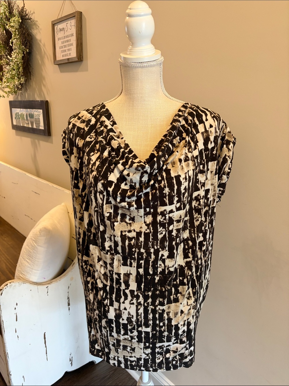 Kenneth Cole Drape Neck Printed Tunic in dark brown and cream